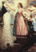 Lord Frederic Leighton A Girl Feeding a Peacock oil painting on canvas